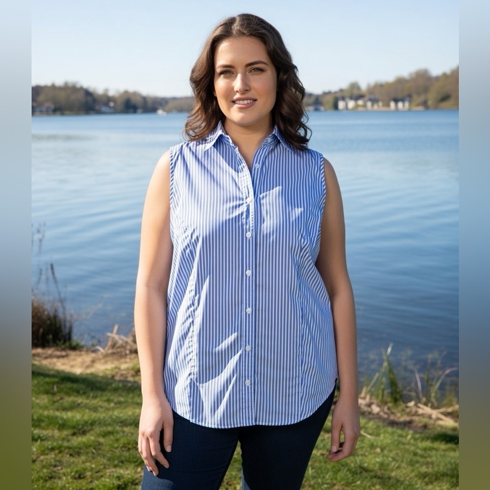Charter Club Blue and White Striped Sleeveless Shirt
